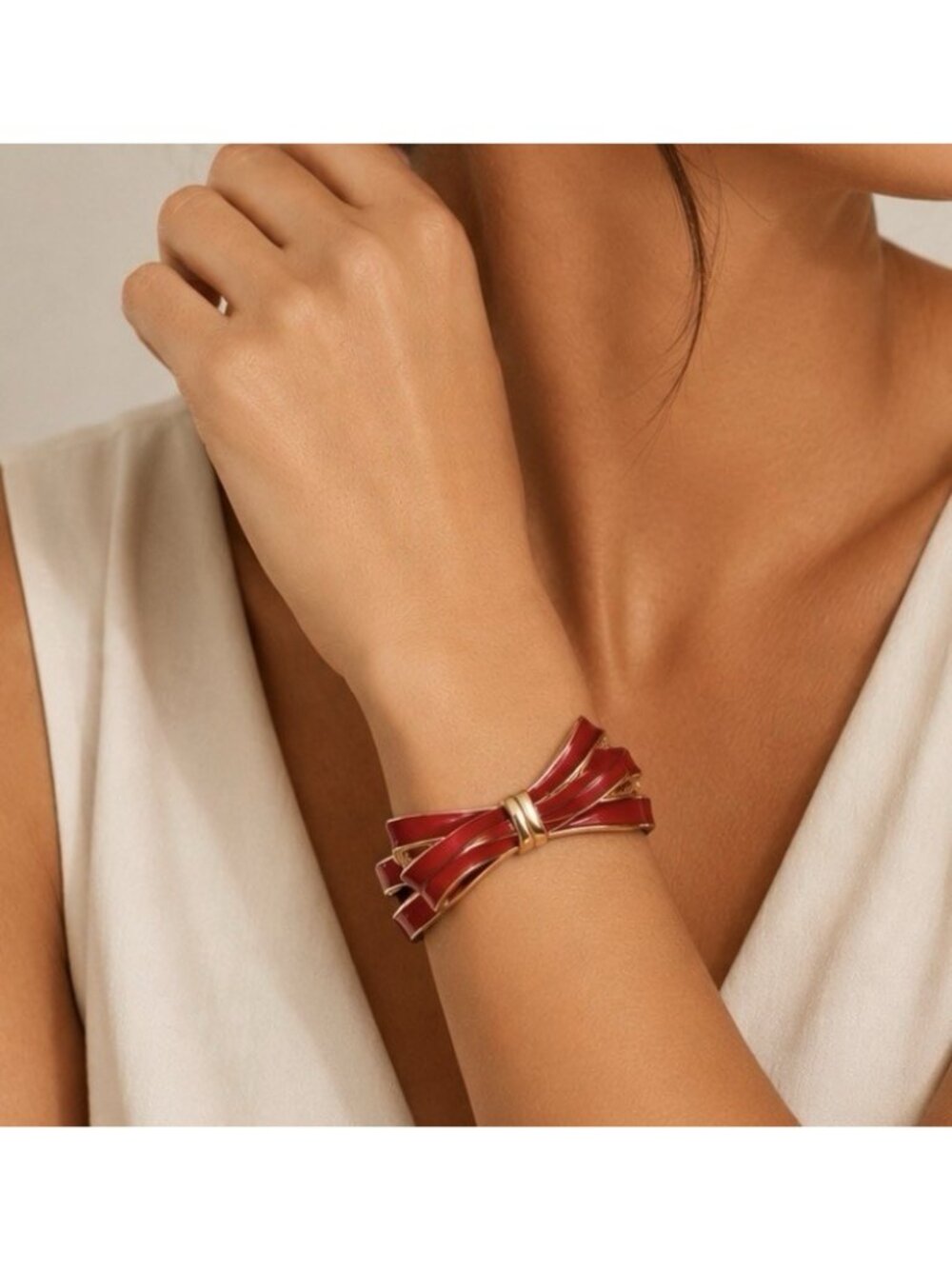 Sequin NYCBangle Bracelet Goldtone Red Enamel Bow 1/4" Stackable Hinged NEW